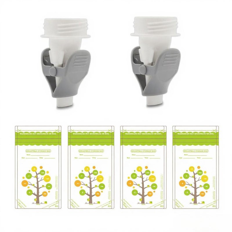 Breastmilk Storage Bag Adapters Breast Milk Bag Clamps Replacement for Lansinoh/ Spectra S1 S2/ Avent Wide-Neck Breast Pump, White + Grey& Pack of 2pcs with 4pcs Breastmilk Storage Bags - Image 1