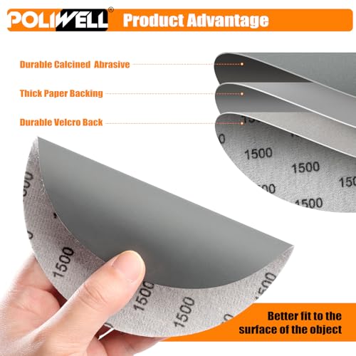 POLIWELL 6 Inch (150mm) 1500 Grit High Performance Waterproof Hook & Loop Sanding Discs Heavy Duty Silicon Carbide Round Flocking Sandpaper for Wet/Dry Sanding Grinder Polishing Accessories, 20-Pack - Image 3