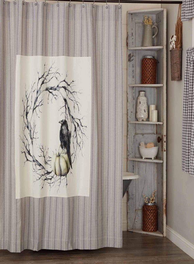 Piper Classics Midnight Moon Wreath Shower Curtain, 72" x 72", Spooky Halloween Wreath with Crow and Pumpkin on Grain Sack Stripes, Farmhouse Décor - Image 1
