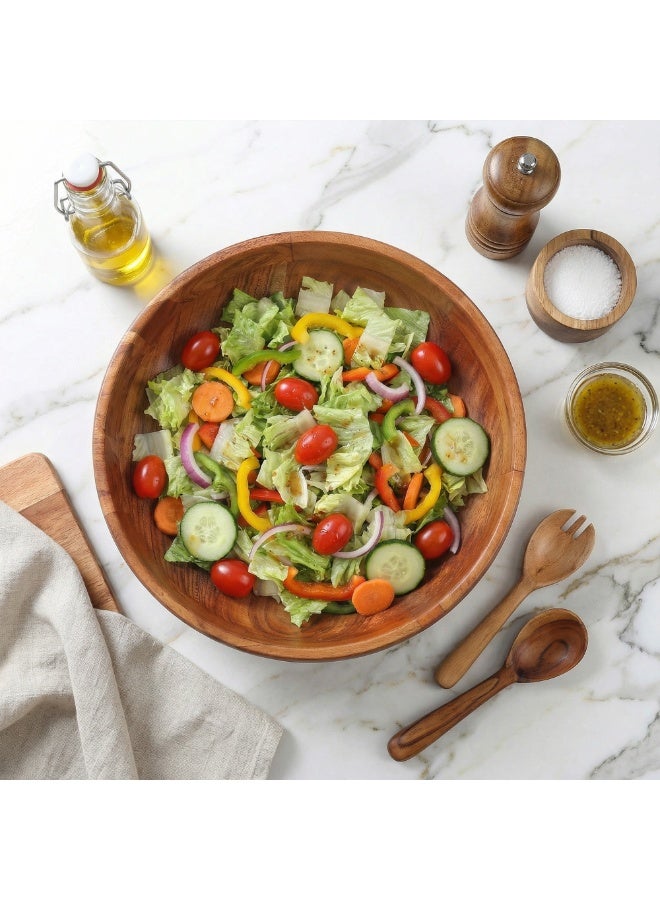 AURIO Premium Large Wood Salad Bowl Set with 2 Matching Serving Spoon & Fork – 12-Inch Handcrafted Natural Wooden Mixing Bowl – Elegant Serving Set for Salads, Fruits, Pasta, and Snacks – Eco-Friendly Table Centerpiece & Housewarming Gift - Image 1