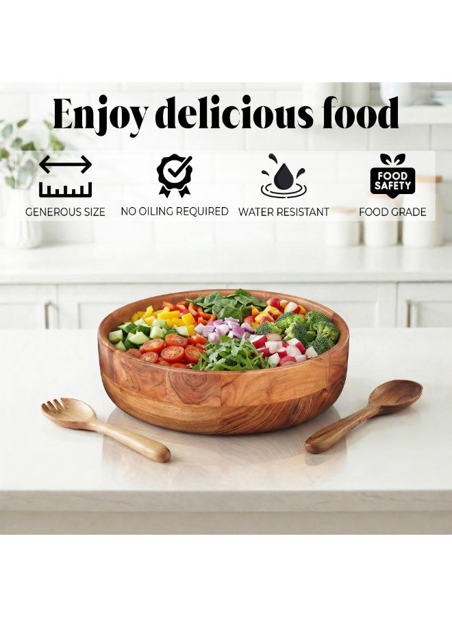 AURIO Premium Large Wood Salad Bowl Set with 2 Matching Serving Spoon & Fork – 12-Inch Handcrafted Natural Wooden Mixing Bowl – Elegant Serving Set for Salads, Fruits, Pasta, and Snacks – Eco-Friendly Table Centerpiece & Housewarming Gift - Image 3
