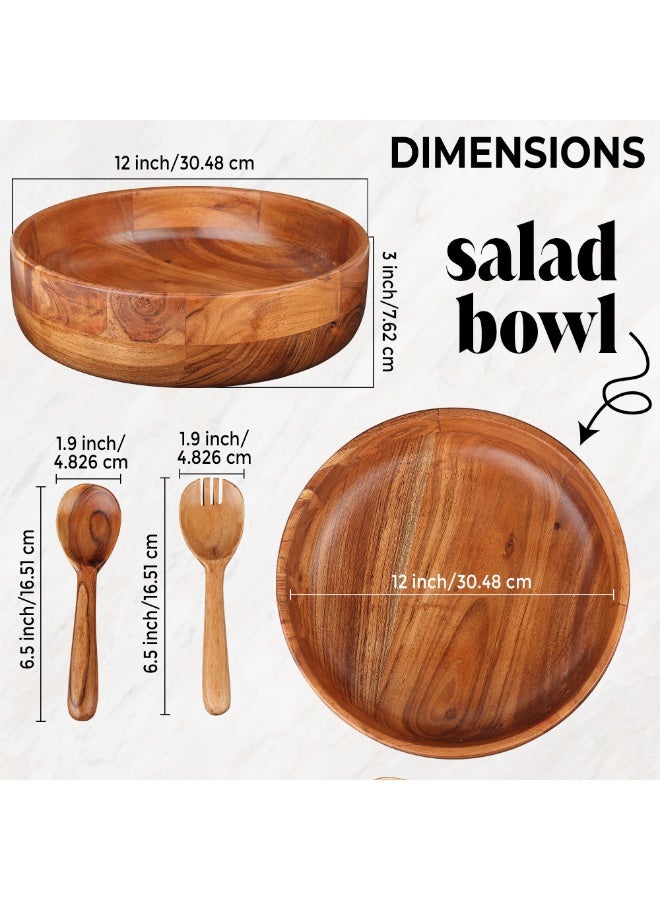 AURIO Premium Large Wood Salad Bowl Set with 2 Matching Serving Spoon & Fork – 12-Inch Handcrafted Natural Wooden Mixing Bowl – Elegant Serving Set for Salads, Fruits, Pasta, and Snacks – Eco-Friendly Table Centerpiece & Housewarming Gift - Image 4