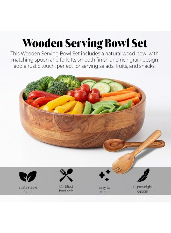 AURIO Premium Large Wood Salad Bowl Set with 2 Matching Serving Spoon & Fork – 12-Inch Handcrafted Natural Wooden Mixing Bowl – Elegant Serving Set for Salads, Fruits, Pasta, and Snacks – Eco-Friendly Table Centerpiece & Housewarming Gift - Image 5