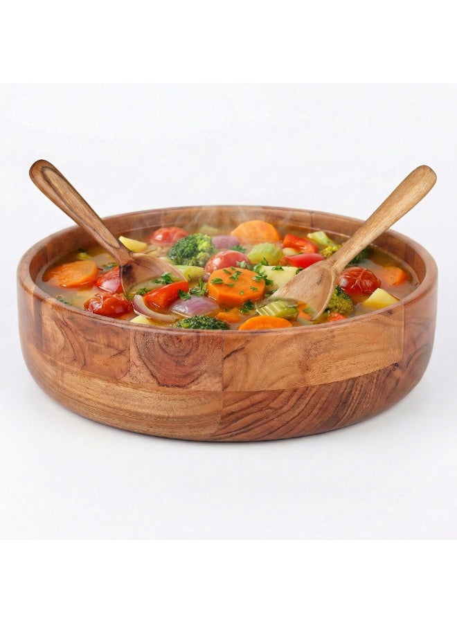 AURIO Premium Large Wood Salad Bowl Set with 2 Matching Serving Spoon & Fork – 12-Inch Handcrafted Natural Wooden Mixing Bowl – Elegant Serving Set for Salads, Fruits, Pasta, and Snacks – Eco-Friendly Table Centerpiece & Housewarming Gift - Image 2