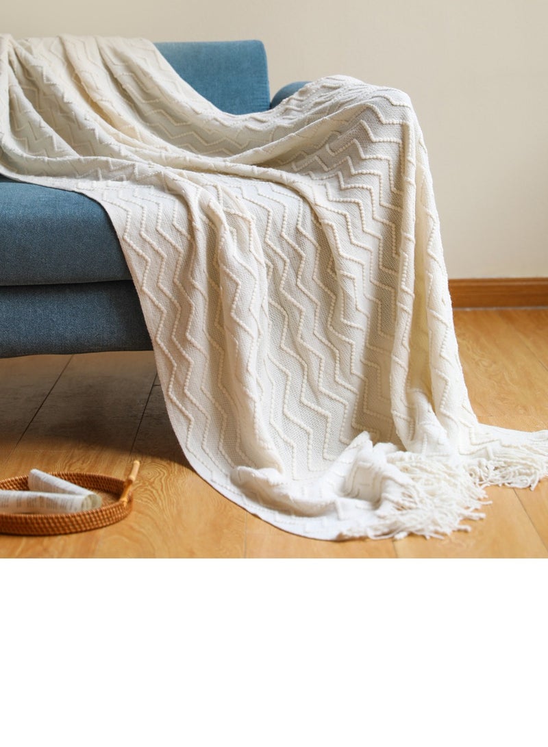 Loquat Tassel Design Textured Knitted Soft Throw Blanket Keep Warm White  - Image 1