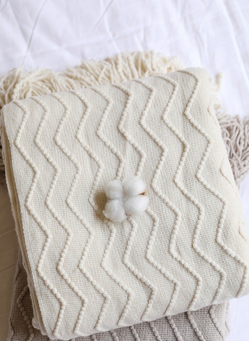 Loquat Tassel Design Textured Knitted Soft Throw Blanket Keep Warm White  - Image 2