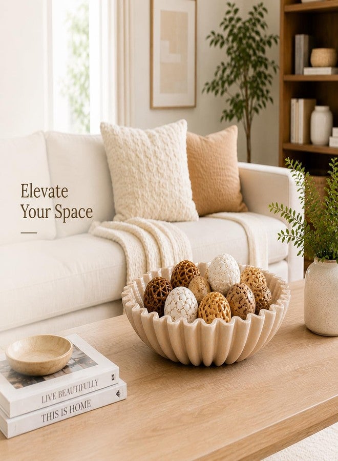 LIN CHUAN Ruffle Decorative Bowl, Large Fruit Bowl for Kitchen Counter, Stylish Key Bowl for Entry Table, Handcrafted Home Decor Display bowl, Artificial Stone Beige - Image 5