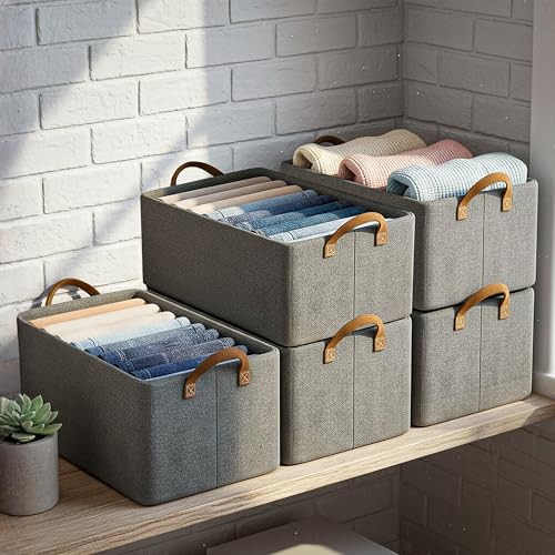 VERAT 5 Pcs of Large Foldable Storage Box and Organiser with Metal Frame/Woven Fabric Clothes Organiser with Handle/Wardrobe Organizer for Storage/Almirah Organizer for Shirts/Jeans/Sweater (Grey) - Image 1