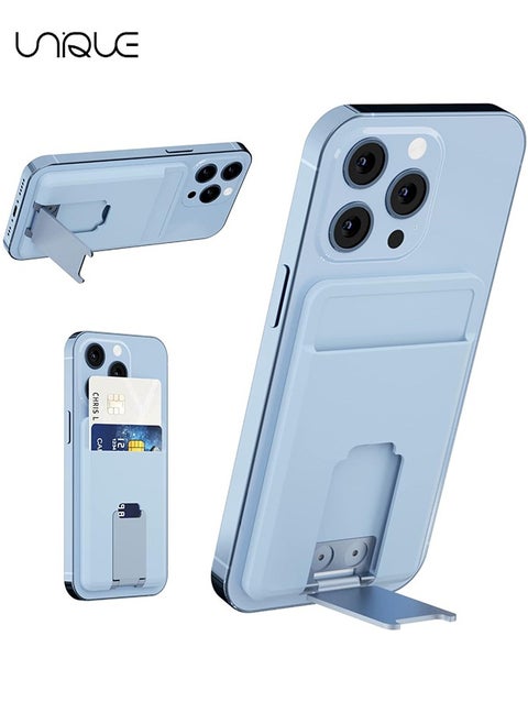 Magnetic Card Holder Wallet with for MagSafe Kickstand, Silicone Pockets Card Holder with Metal Stand for iPhone 15, 14, 13, 12, Pro, Mini, Max, Plus (Blue)