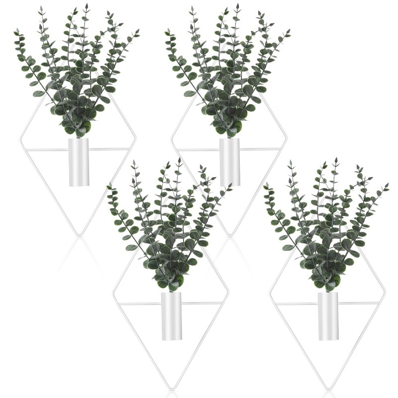 Jexine 4 Pcs Hanging Planters with Artificial Eucalyptus Metal Hanging Vase Indoor Plants Holder Modern Geometric Boho Bathroom Wall Decor for Living Room Home Office EucalyptusWhite - Image 2