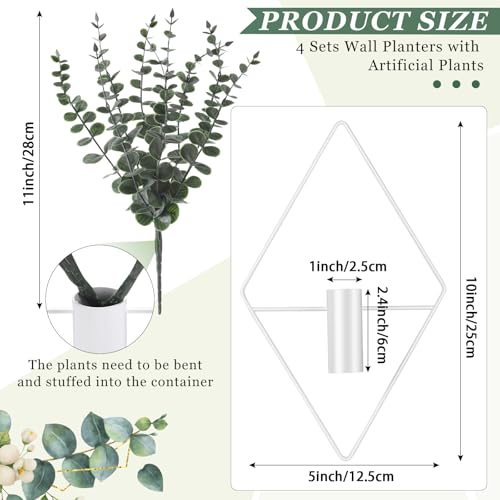 Jexine 4 Pcs Hanging Planters with Artificial Eucalyptus Metal Hanging Vase Indoor Plants Holder Modern Geometric Boho Bathroom Wall Decor for Living Room Home Office EucalyptusWhite - Image 3