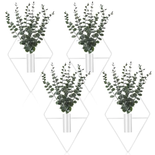 Jexine 4 Pcs Hanging Planters with Artificial Eucalyptus Metal Hanging Vase Indoor Plants Holder Modern Geometric Boho Bathroom Wall Decor for Living Room Home Office EucalyptusWhite - Image 1