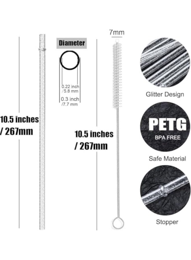 12 Pack Reusable Clear Glitter Straws, 26cm Extra Long Plastic Straws for 40oz Tumbler & 32oz Water Bottles, BPA-Free Unbreakable Drinking Straws with Cleaning Brush – Transparent - Image 2
