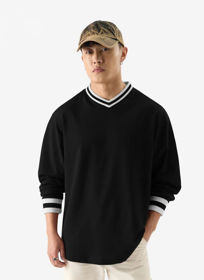 The Souled Store Men Oversized Solid Black Full Sleeve T-Shirt