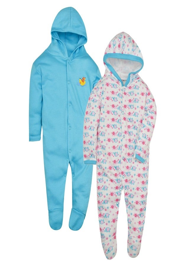 Magic Town® 100% Cotton Unisex Hooded Rompers for Kids and Infants Set of 2 (Royal Blue) (6-9 Months) - Image 1