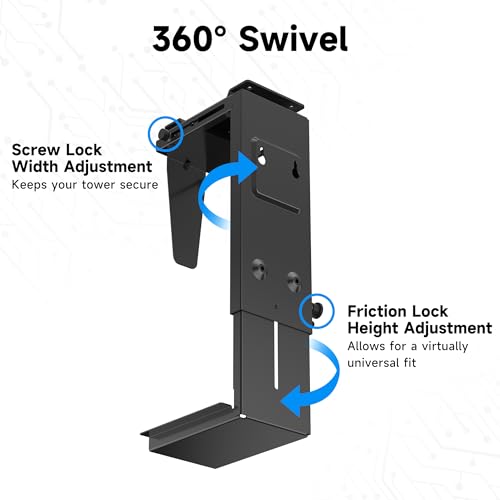 Pholiten Under Desk CPU Mount, Universal PC Wall Mount, 3.94 to 11.61 Inch Wide Computer Case CPU Hanger Holder, Adjustable 360 Swivel, Secure Lock, Max Load 44Lbs - Image 3