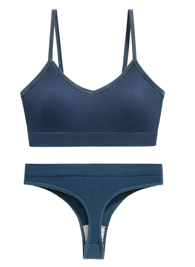 Loquat Women's Solid Color Lingerie Set 2-piece Seamless Wireless Bra+Low Waisted Thong Shorts Sport Suit Dark Blue 