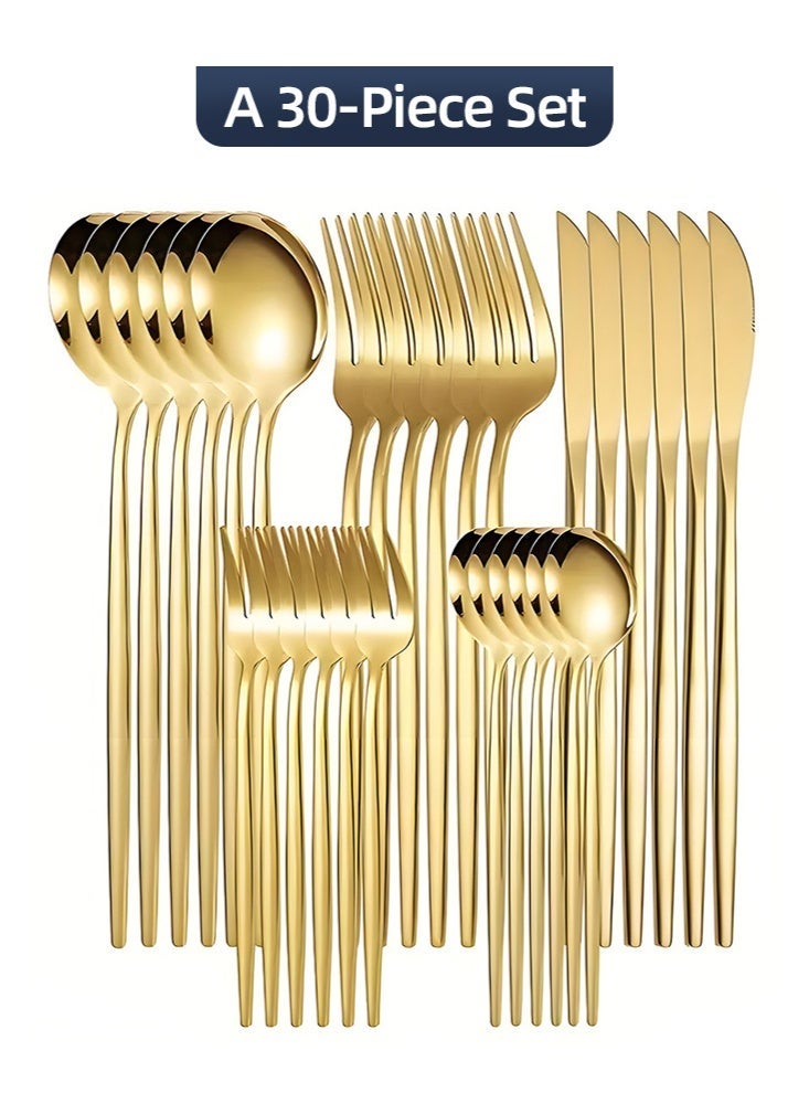 30 Piece Stainless Steel Cutlery Set Kitchen Utensils Set Surface Texture-Free Western Tableware Suitable For Home Kitchen Restaurant，gold - Image 1