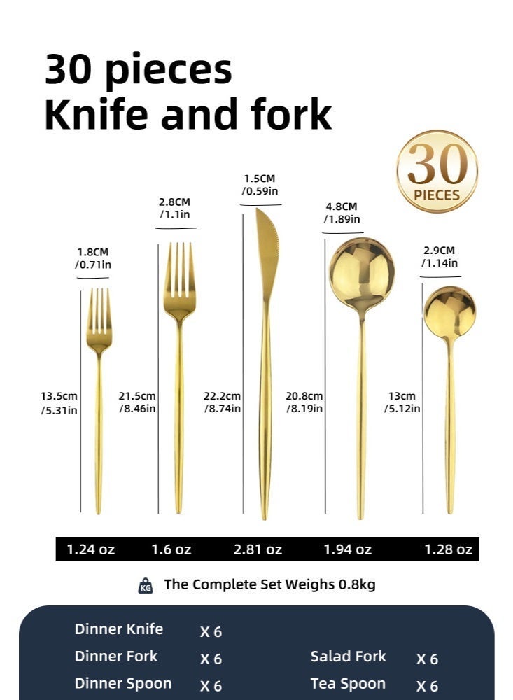 30 Piece Stainless Steel Cutlery Set Kitchen Utensils Set Surface Texture-Free Western Tableware Suitable For Home Kitchen Restaurant，gold - Image 2
