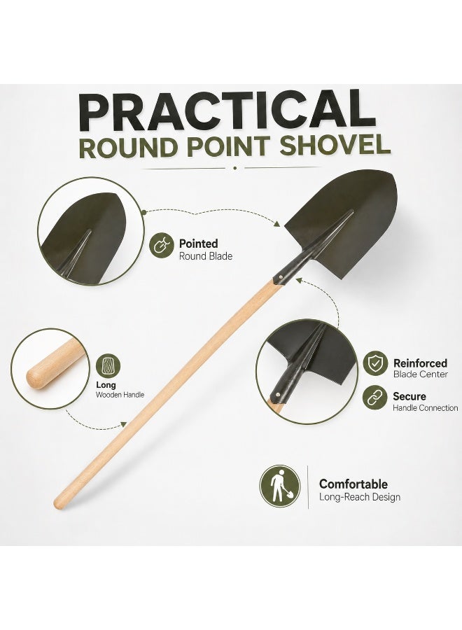Round Point Digging Shovel with Long Wooden Handle, Black Metal Garden Spade for Soil Digging, Planting, Gardening, Landscaping, Yard & Outdoor Garden Work - Image 3