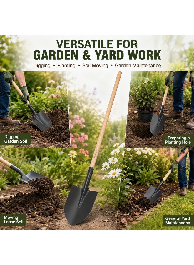 Round Point Digging Shovel with Long Wooden Handle, Black Metal Garden Spade for Soil Digging, Planting, Gardening, Landscaping, Yard & Outdoor Garden Work - Image 1