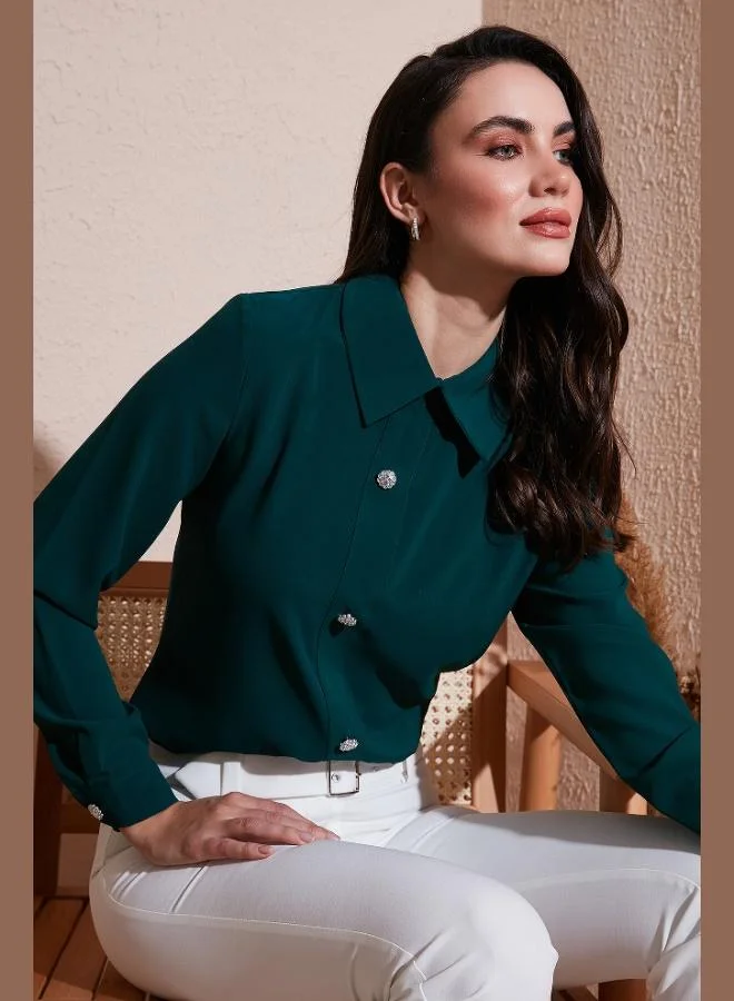 Lela Lela Stoned Regular Fit Shirt Collar Zippered Blouse Women's BLOUSE 611BZ0493