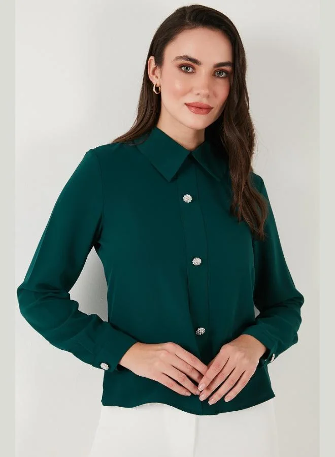 Lela Lela Stoned Regular Fit Shirt Collar Zippered Blouse Women's BLOUSE 611BZ0493