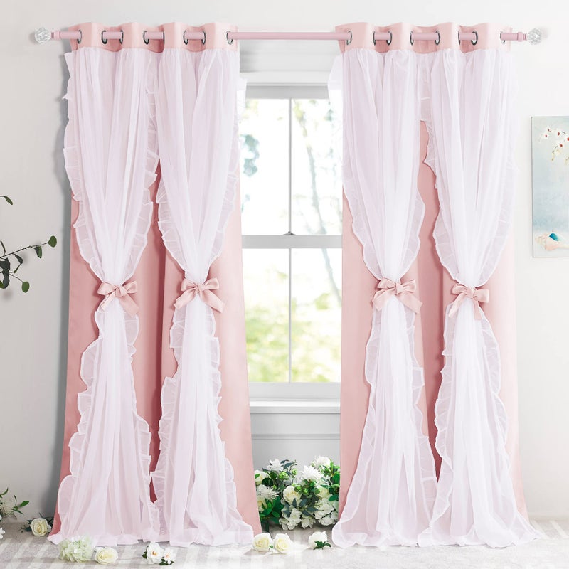 PONY DANCE PONY DANCE Girls Curtains for Bedroom Decorative Drapes for Kids Double Layer Curtain Ruffle Sheer Overlay Room Darkening Pretty Chic Princess 52x84 inch Blush Pink 2 PCs 