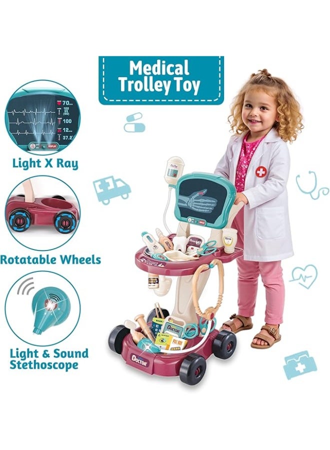 Doctor Pretend Play Medical Set Toy With Trolley Double-Decker, X-Ray Doctor Cart Toy for Toddler Kids - Image 2