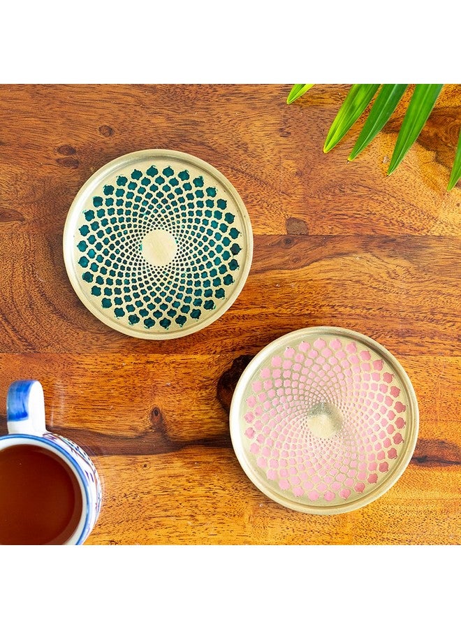 ExclusiveLane 'Mughal Arc' Hand-Enamelled Pure Brass Coasters for Cups Tea Coasters for Glasses Dining Table Coaster for Hot Pots Coasters for Office Tableware (Set of 2) - Image 1
