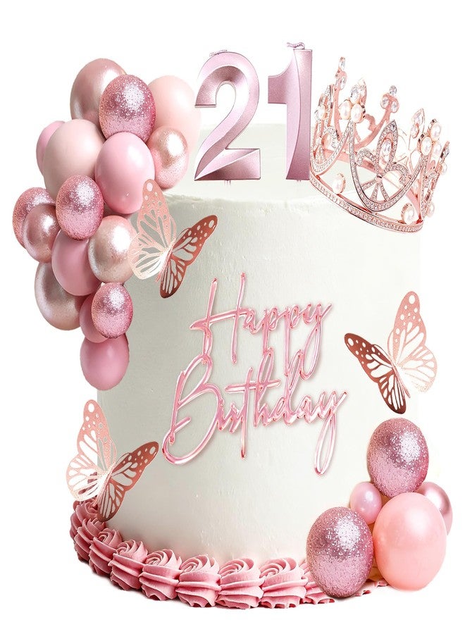 LEFUBABY Rose Gold Balls Cake Toppers, Happy Birthday Crown Tiara Cake Toppers Birthday Candles Numeral Candles for Birthday Party Decorations (21st) - Image 1