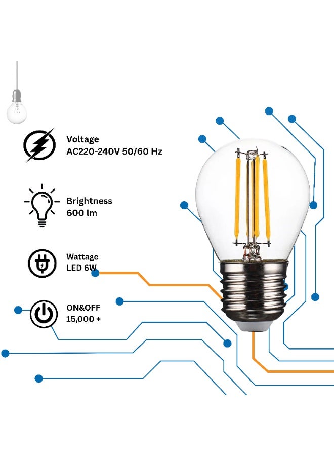 MFZ LED Bulbs 6W, E27 Round Base, 2700K Warm White, AC220–240V Filament Style – Pack of 5 Pieces - Image 3