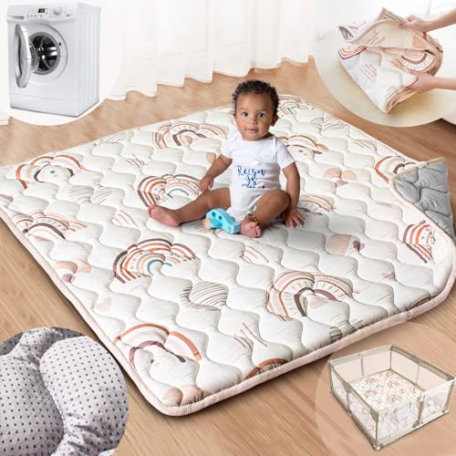 Beavtaens Baby Play Mat, 50x50 Playpen Mat with Super Soft Touch, Activity Mat with Upgraded Anti-Slip Bottom, Machine Washable Crawling Mat for Floor & Picnic(Boho Rainbow) - Image 1