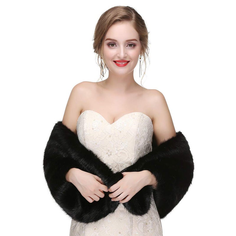 Haloty 1920s Women's Faux Fur Shawl and Stole with Brooch - Black - Image 2