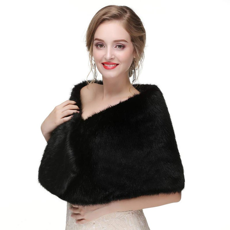 Haloty 1920s Women's Faux Fur Shawl and Stole with Brooch - Black - Image 3