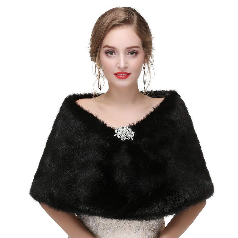Haloty 1920s Women's Faux Fur Shawl and Stole with Brooch - Black - Image 1