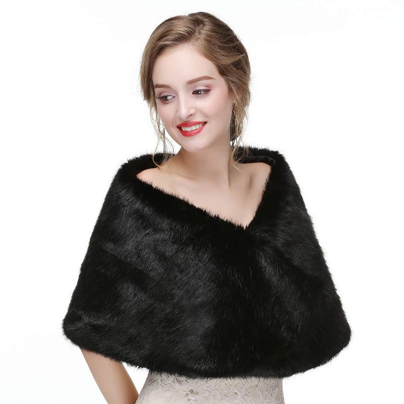 Haloty 1920s Women's Faux Fur Shawl and Stole with Brooch - Black - Image 4