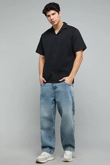 أر أند بي Textured Shirt with Revere Collar and Short Sleeves