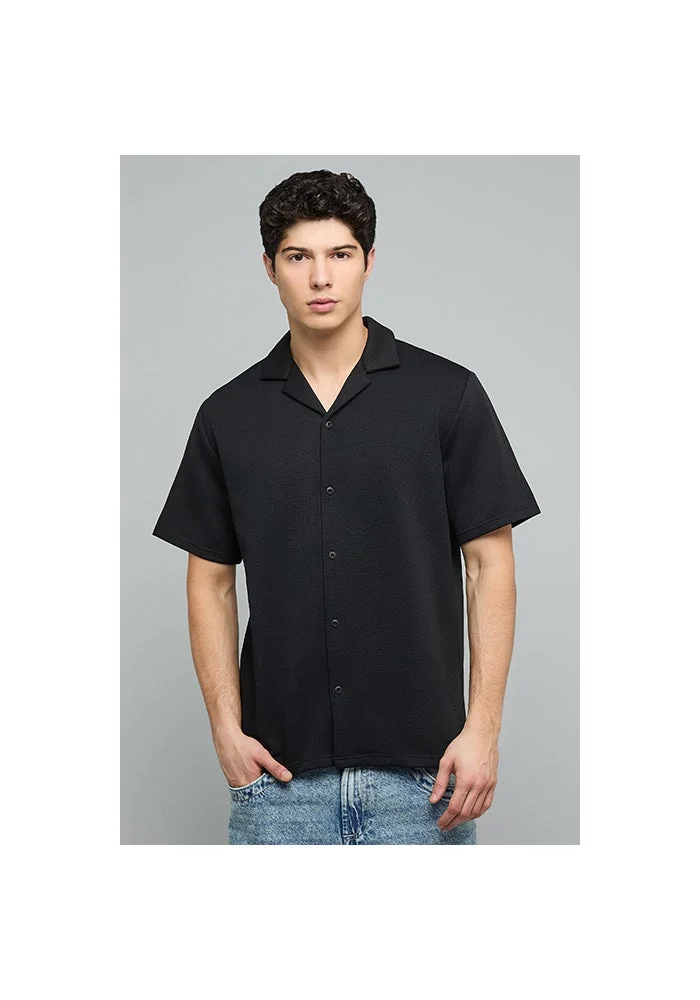 أر أند بي Textured Shirt with Revere Collar and Short Sleeves