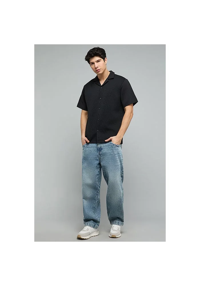 أر أند بي Textured Shirt with Revere Collar and Short Sleeves