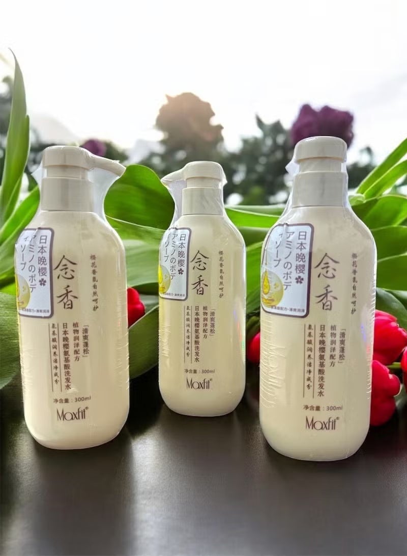 MAXFIT Japanese Sakura shampoo 3PES (original) for hair growth, preventing hair loss and removing dandruff, lotion to moisturize and soften and skin glasses 300 ml - Image 1