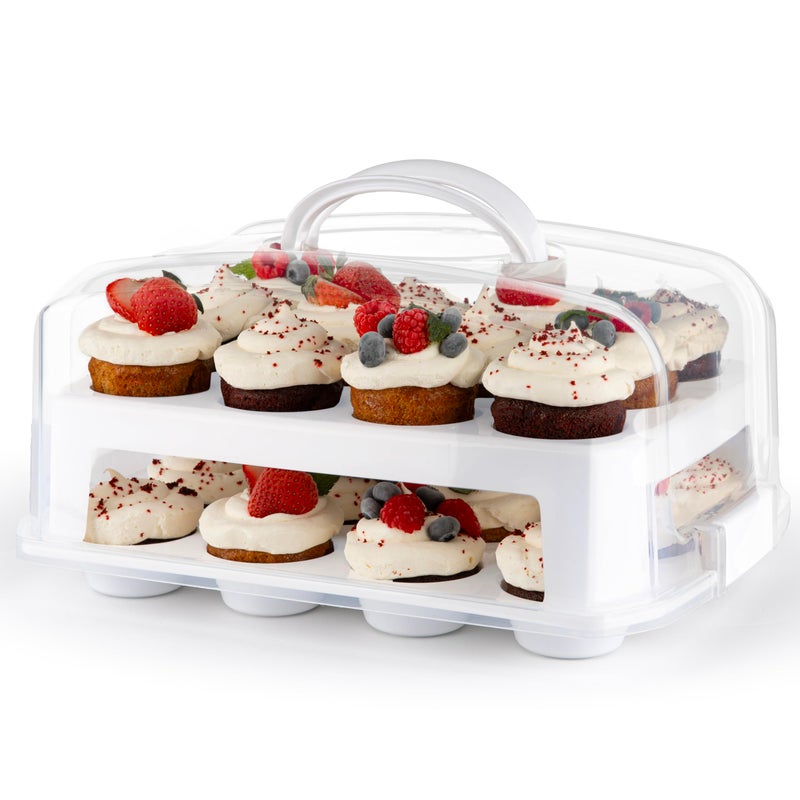 MosJos Cupcake Carrier 24 Count - Sturdy Cupcake Holder With Lid & 2 Handles  Stylish Two-Tier Cupcake Carrier/Stand  Spacious 3.5  Top & Bottom Tray - Image 1