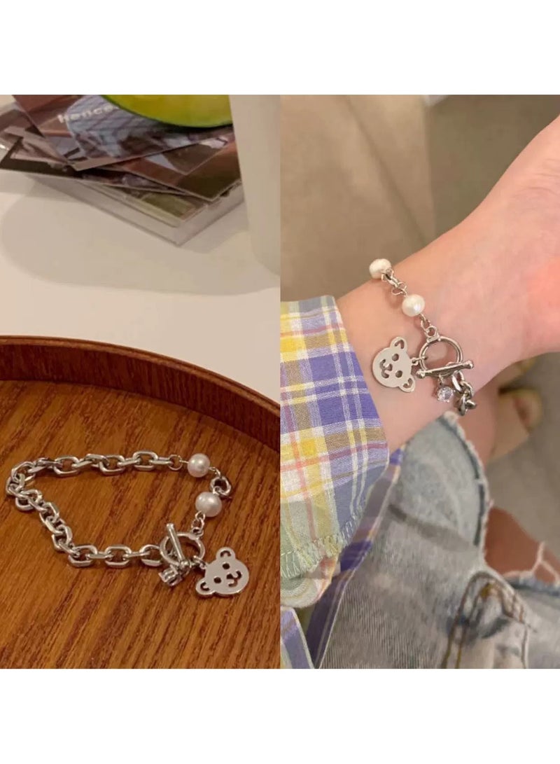 Goolsky Faux Pearl & Bear Charm Bracelet – Hip-Hop Punk Style with Geometric Accents & OT Clasp | BFF Gift for Girls - Image 1