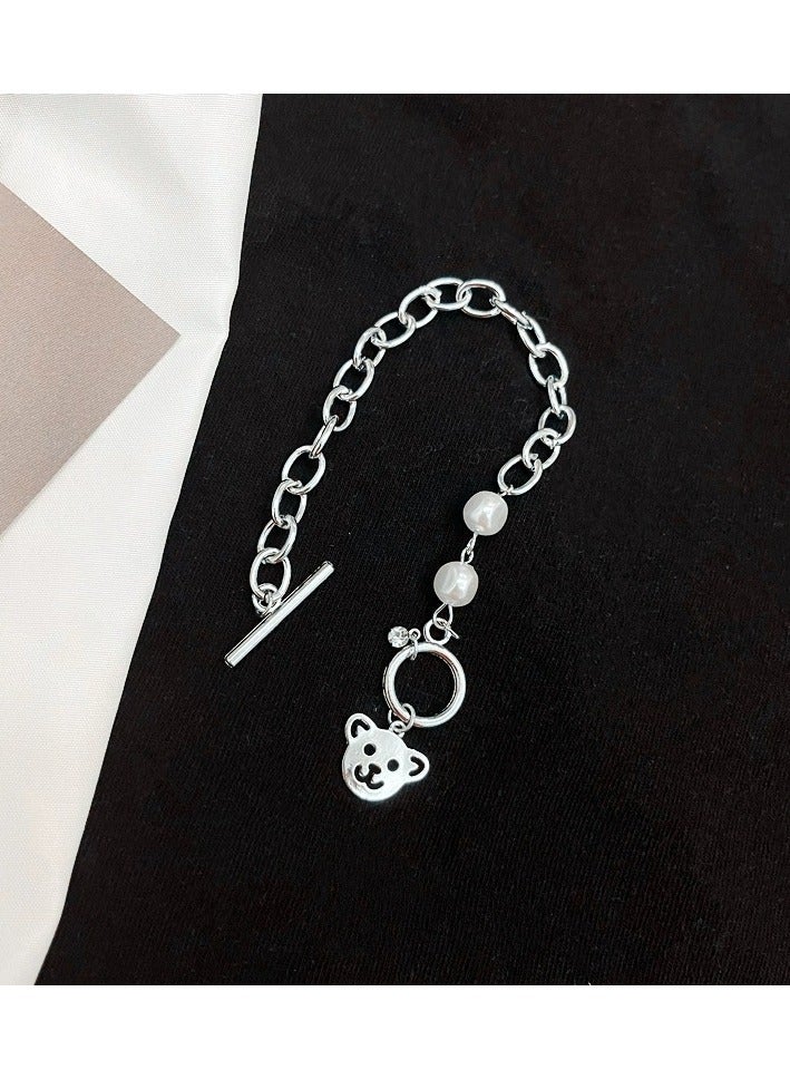 Goolsky Faux Pearl & Bear Charm Bracelet – Hip-Hop Punk Style with Geometric Accents & OT Clasp | BFF Gift for Girls - Image 4