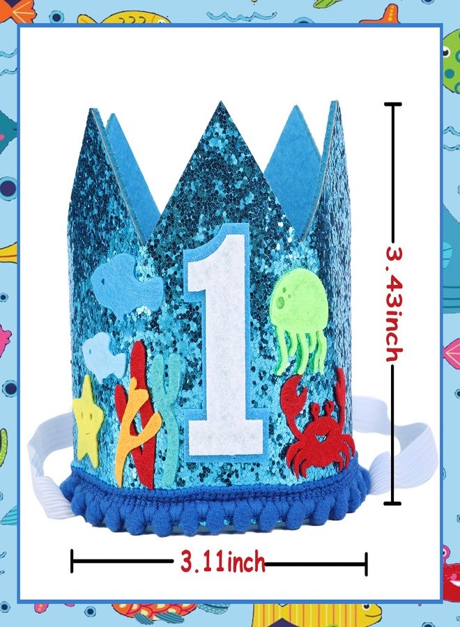 CORNER LACE Ocean Theme 1st Birthday Hat - Oneder The Sea First Birthday Glitter Crown Blue, Jellyfish One Year Old Happy Birthday Party Decorations Supplies Favors Photo Booth Props - Image 5