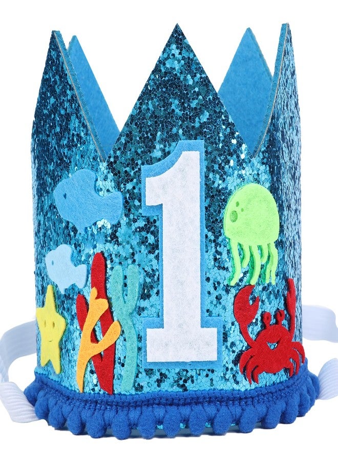 CORNER LACE Ocean Theme 1st Birthday Hat - Oneder The Sea First Birthday Glitter Crown Blue, Jellyfish One Year Old Happy Birthday Party Decorations Supplies Favors Photo Booth Props - Image 1