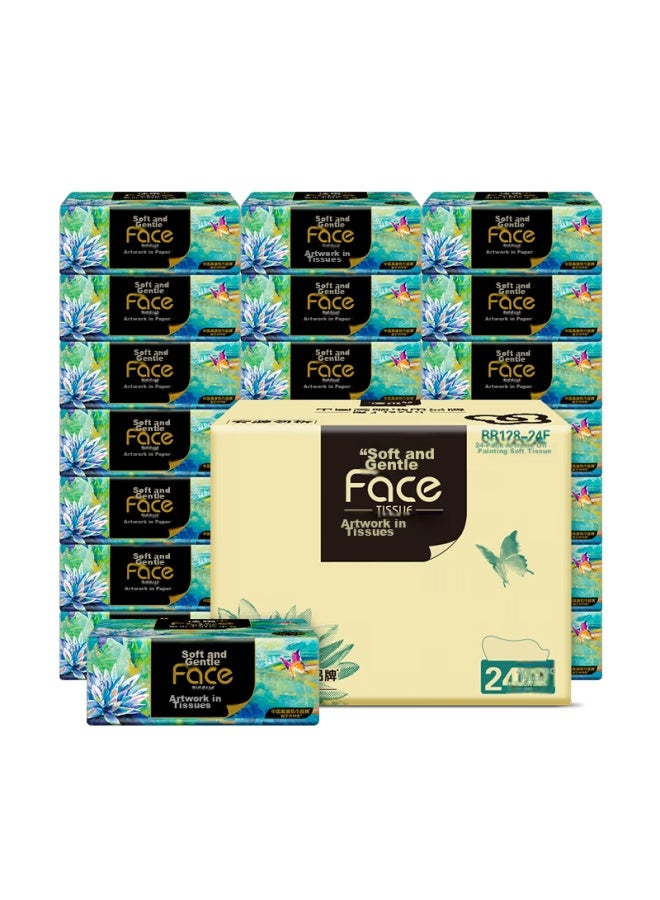 CS Jierou Facial Tissues, Art Oil Painting Face 4-ply 80 Sheets*24 Packs, Water-absorbent Face Tissues, Gentle And Delicate, Whole Box - Image 1