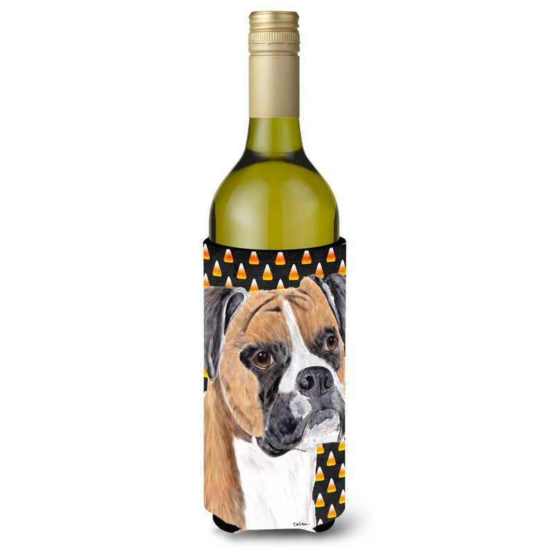 Caroline's Treasures Caroline's Treasures SC9191LITERK Boxer Fawn Uncropped Ears Candy Corn Halloween Portrait Wine Bottle Hugger Bottle Cooler Sleeve Hugger Machine Washable Collapsible Insulator Beverage Insulated Holde 