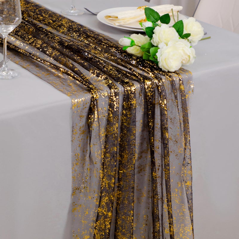Snowkingdom Black and Gold Cheesecloth Table Runner 10 FT, Sheer Chiffon Sparkle Gauze Mesh Runners 120 Inch, Glitter Table Centerpieces Decoration for Birthday Party Wedding Christmas Halloween - Image 1