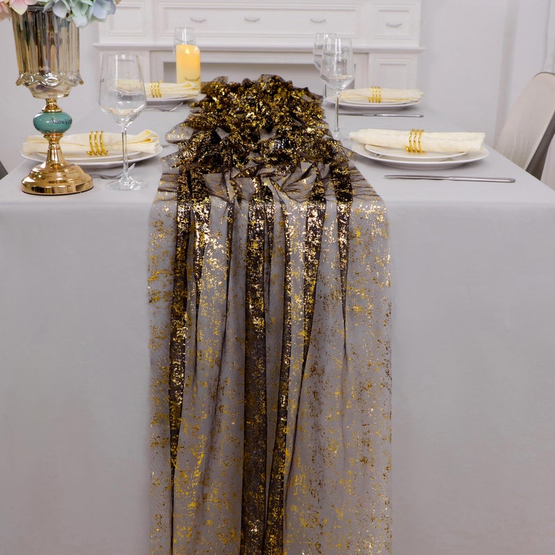 Snowkingdom Black and Gold Cheesecloth Table Runner 10 FT, Sheer Chiffon Sparkle Gauze Mesh Runners 120 Inch, Glitter Table Centerpieces Decoration for Birthday Party Wedding Christmas Halloween - Image 4
